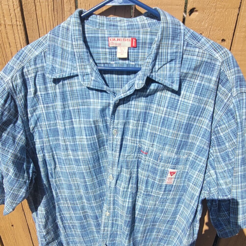 Guess Short Sleeve Blue Plaid Shirt / Size XL